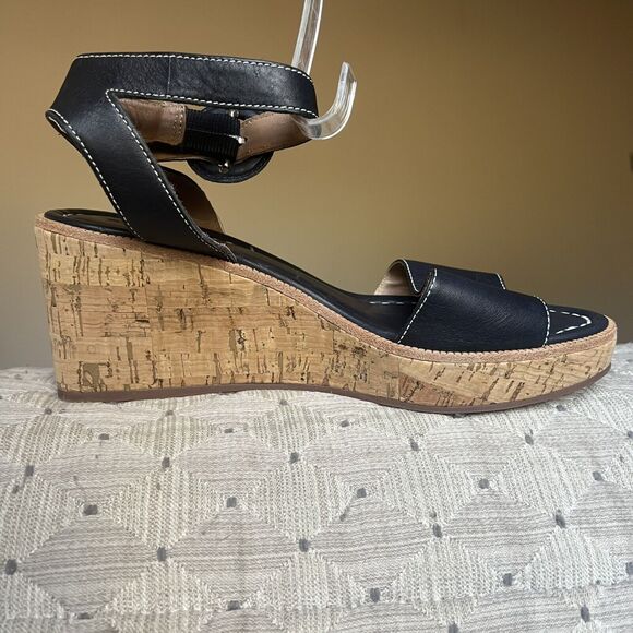 Bernardo Anthropologie Navy Blue Leather Cork Wedge Sandals Ankle Strap Women 9 - Picture 3 of 16